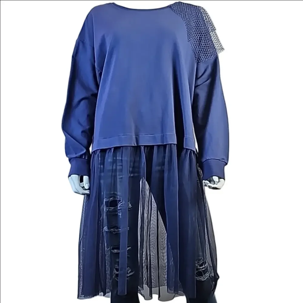 NWT Lane Bryant Periwinkle Crew Neck w Tulle Skirt & Mesh Shoulder Embellishment - Picture 2 of 16